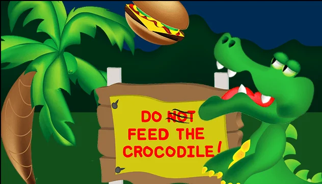 The 2014 Chomp game: a green cartoon crocodile beside a sign reading Do not feed the crocodile, with the word not crossed out, and a burger flying through the air.