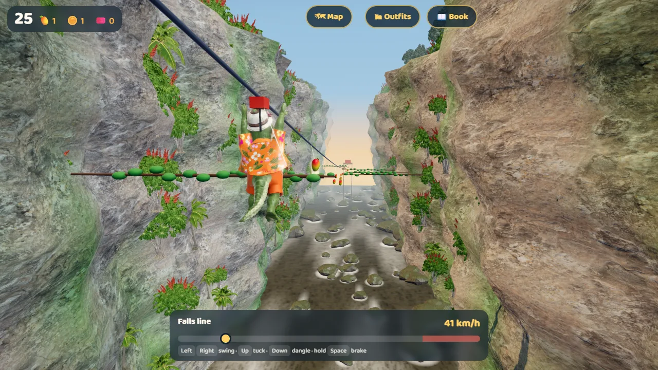 Chomp 3D, 2026: Wally the crocodile in a Hawaiian shirt riding a zip line down the Barron Gorge above a rocky river.