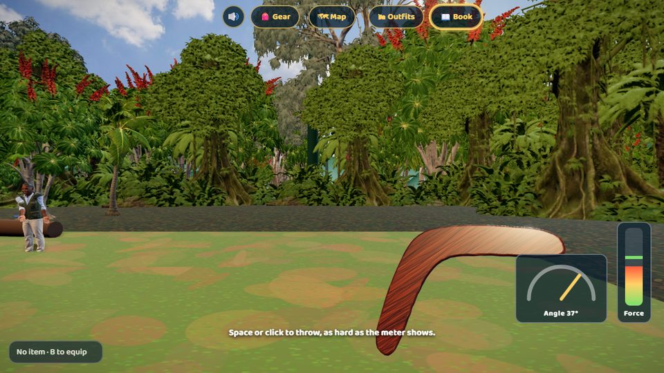 First person view holding the boomerang, with the angle and force meters